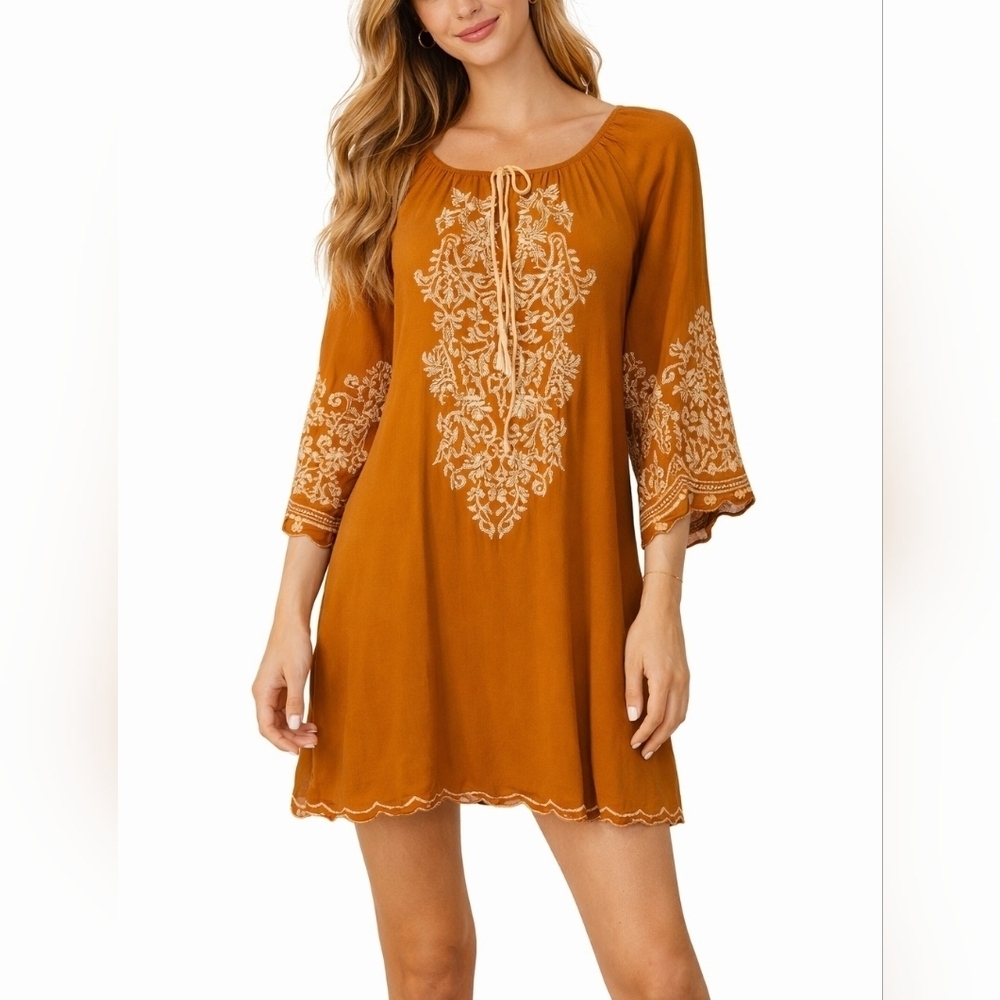 CHIC CONNECTION Mustard Yellow Floral Embroidered Boho Peasant Mini Dress